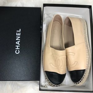 CHANEL Espadrilles Black & Tan Sz 38 Lambskin